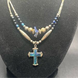 Vintage southwestern style cross necklace blue inlay beaded double strand
